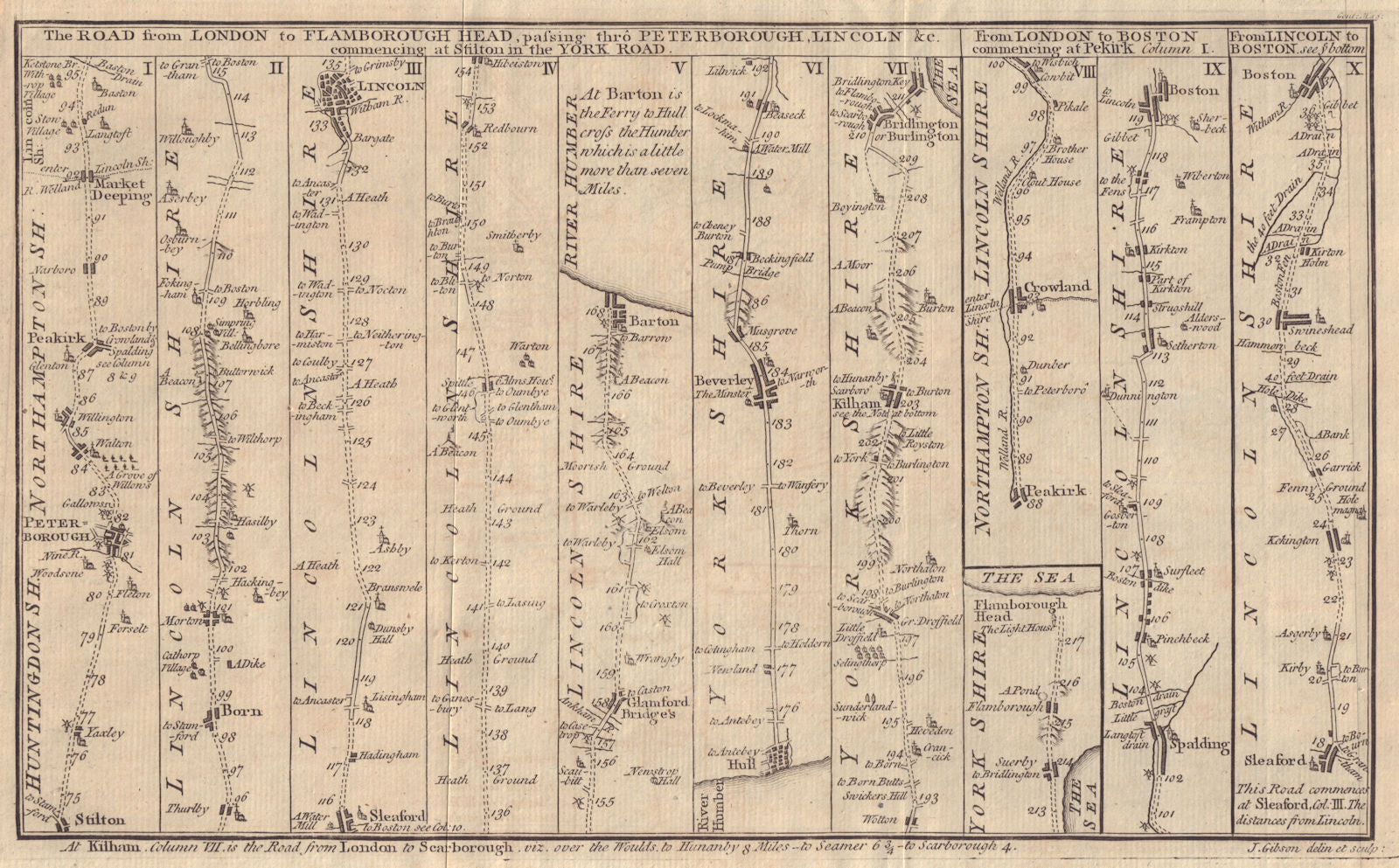 The Road from Peterborough to Lincoln Hull Beverley Bridlington. GIBSON 1766 map